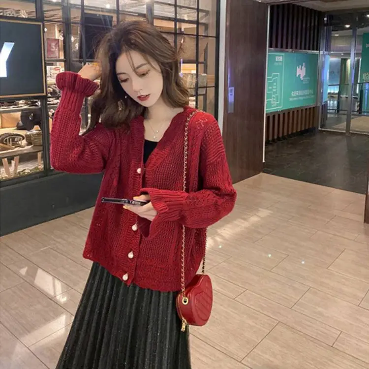 Женский вязаный кардиган с длинным рукавом однотонный винтажный дырками