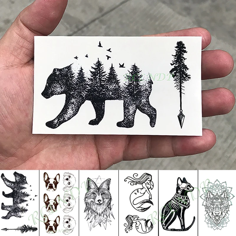 Waterproof Temporary Tattoo Sticker Bear Tree Mermaid wolf dog Fake Tatto Hand Arm Foot Flash Tatoo for Kid Girl Men Women | Красота и