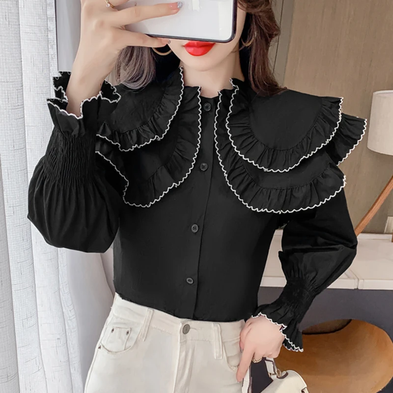 Женская рубашка с длинным рукавом и оборками белая Повседневная элегантная