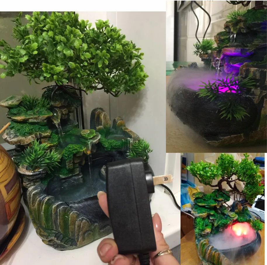 110-240V Creative Home Decoration Resin Rockery Waterscape Feng Shui Water Fountain Air Spray Green Plant Flowerpot Fish Tank | Бытовая