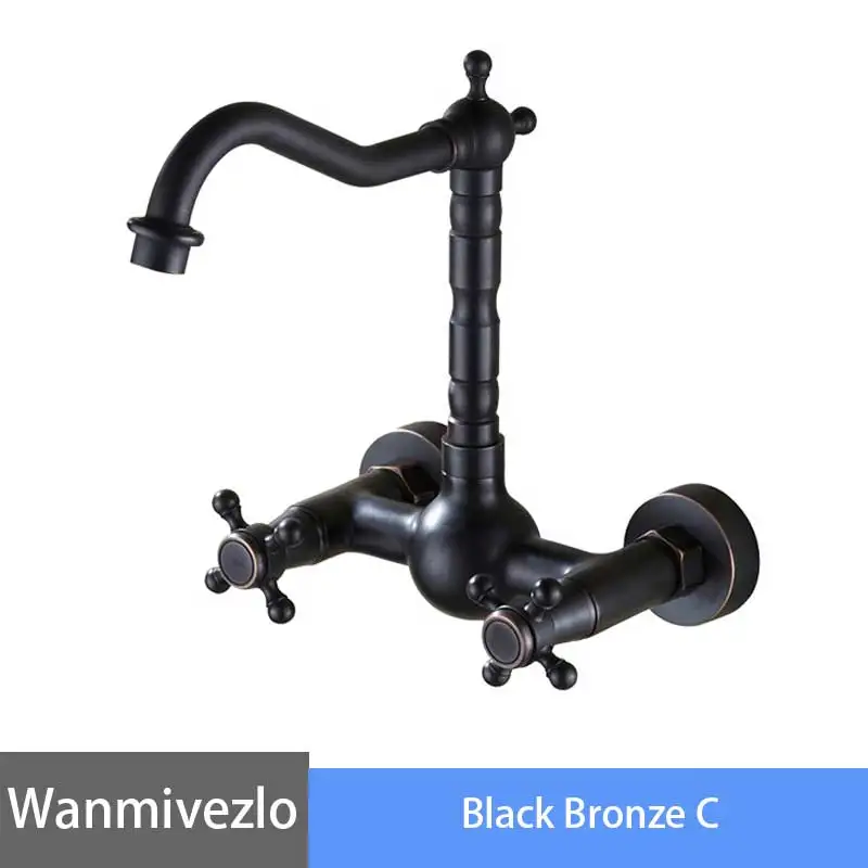 Black Bronze C Черный бронзовый кран для ванной комнаты, настенный кран для раковины, кран с двойной ручкой и вращением на 360 градусов, кран для холодной и горячей воды, Смеситель torneira - Цвет: Black Bronze C