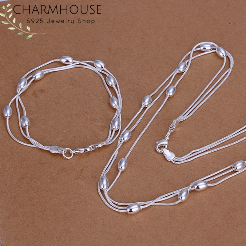 Серебро 925 Ювелирные наборы для женщин бусы браслет цепочка и ожерелье 2 шт