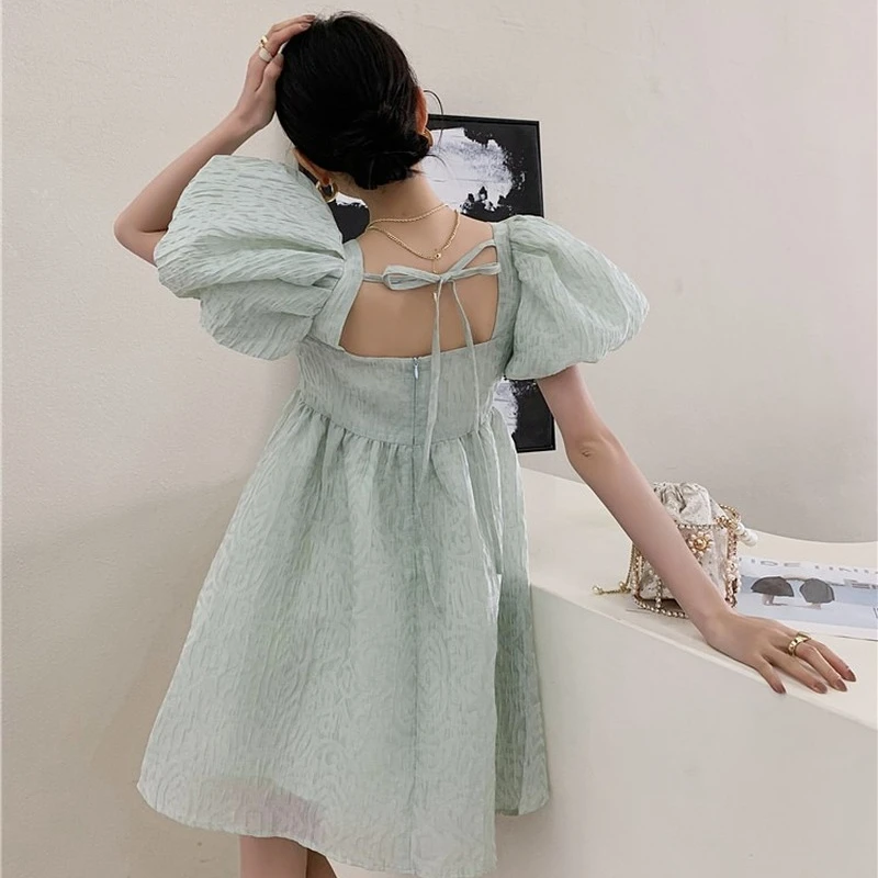 

Korejepo Women Dress 2021 New Sweet Elegant Gentle Square Collar Puff Sleeves Folds Loose Solid Mini Ball Gown Party Club Dress