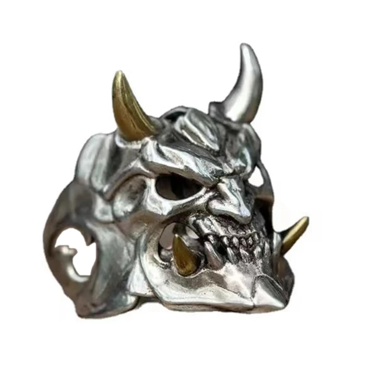 

652F The Ring Mask Japanese Cool Hannya Devil Statement Rings for Men Gothic Jewelry Heavy Metal Black Biker Style for Men