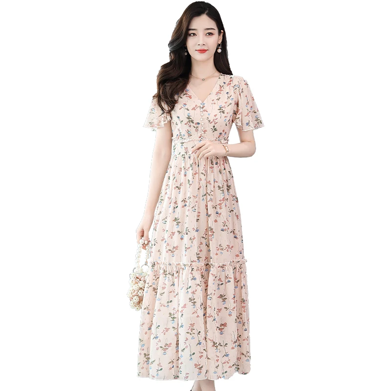 

New 2020 Summer Women Dress Casual Party Sexy V neck High Waist Ruffles Chiffon Dresses Elegant Ladies Floral Vestidos