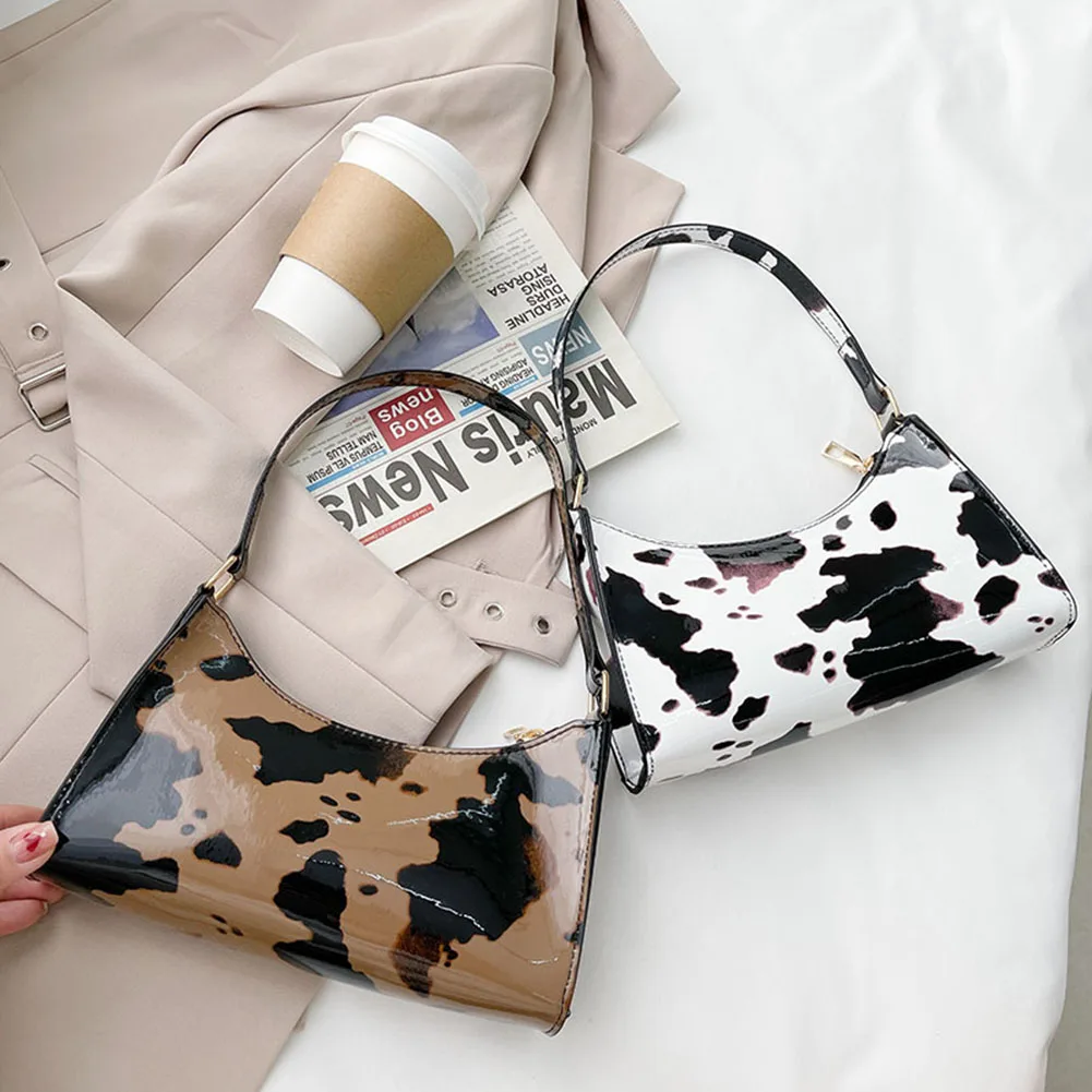 

Fashion Women Cow Pattern Printing Patent PU Leather Shoulder Underarm Bag Casual Ladies Top-handle Hobos Handbags Small Purse