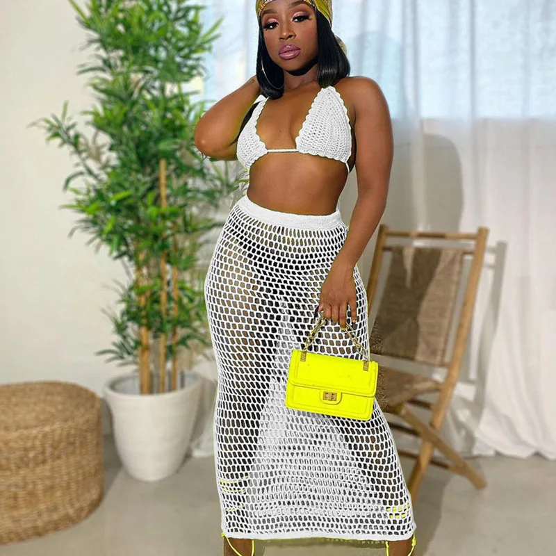 Женский вязаный комплект из двух предметов в сеточку соблазнительные прозрачные