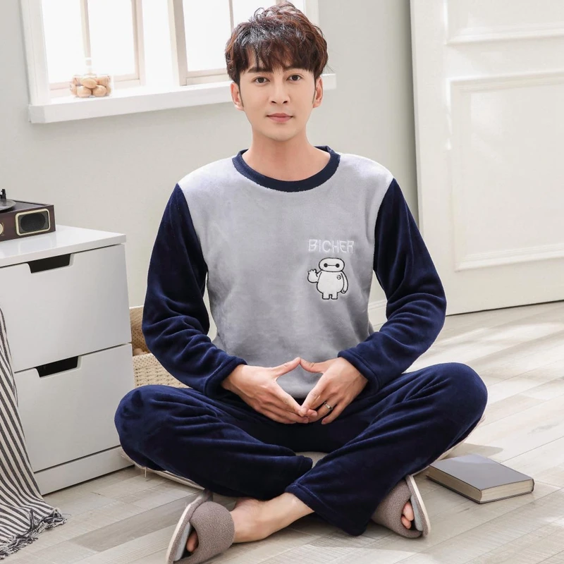 2019 зимняя плотная теплая Фланелевая пижама с рисунком для мужчин Коралловая