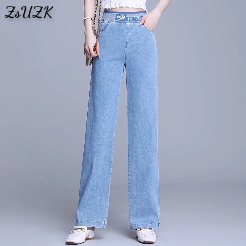 

Новые женские прямые стильные джинсы из тенсела с широкими штанинами, летние тонкие свободные эластичные джинсовые длинные брюки с высокой...