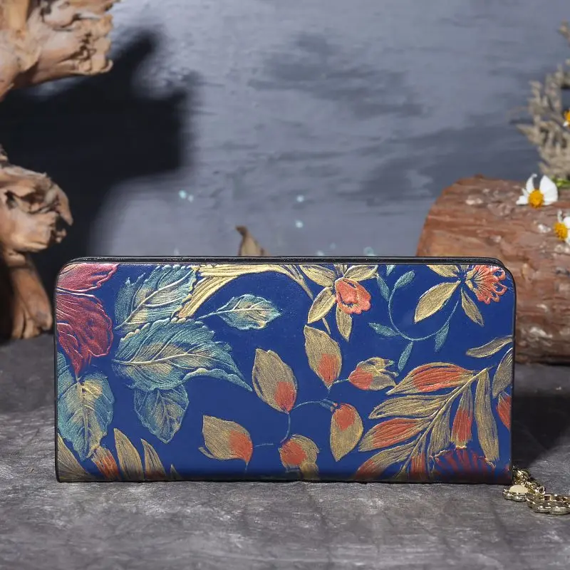 

Genuine Leather Women Large Clutch Wallet Card Holder New Retro Long Zipper Hand Painted Female Luxury Designer Phone Purse