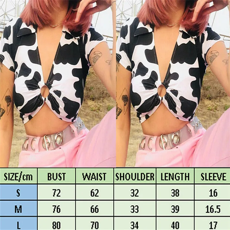 

Fashion Women Short Sleeve Cow Skin Print Turn Down Collar front Hollow Office Blouse Shirt Casual Crop Tops Femininas 2021
