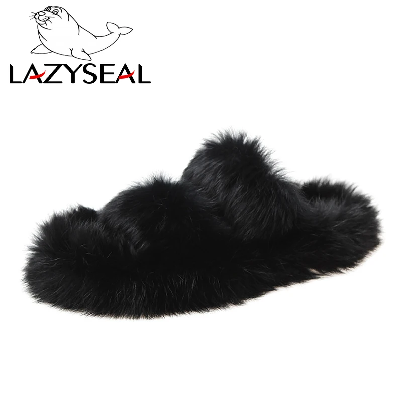 Black LazySeal/женские тапочки с натуральным мехом новые тапочки их меха под кролика домашние Шлепанцы женские пушистые домашние вьетнамки - Цвет: Black