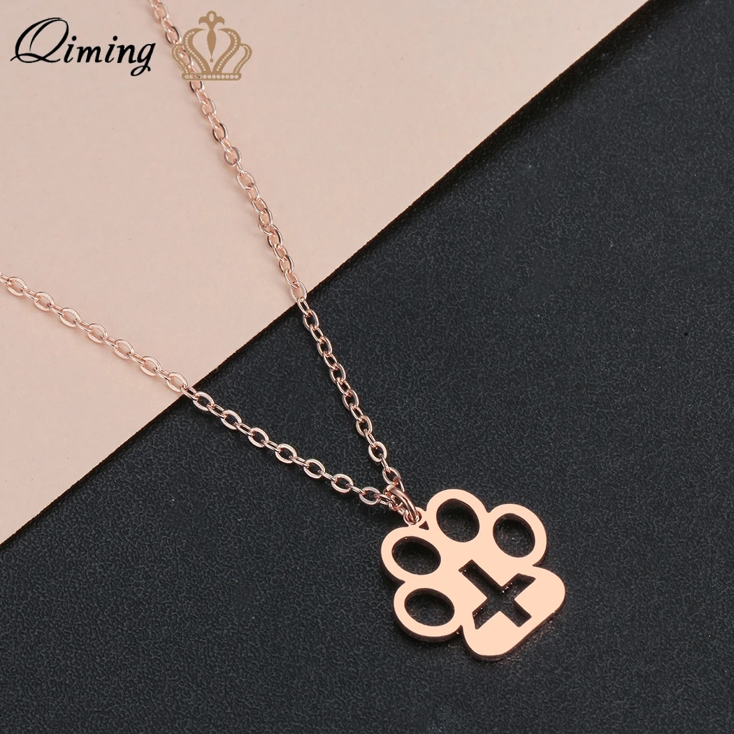 QIMING Stainless Steel Dog Cat Paw Pendant Necklace Women Men Kids Footprints Animal Lover Cross Necklace Collier