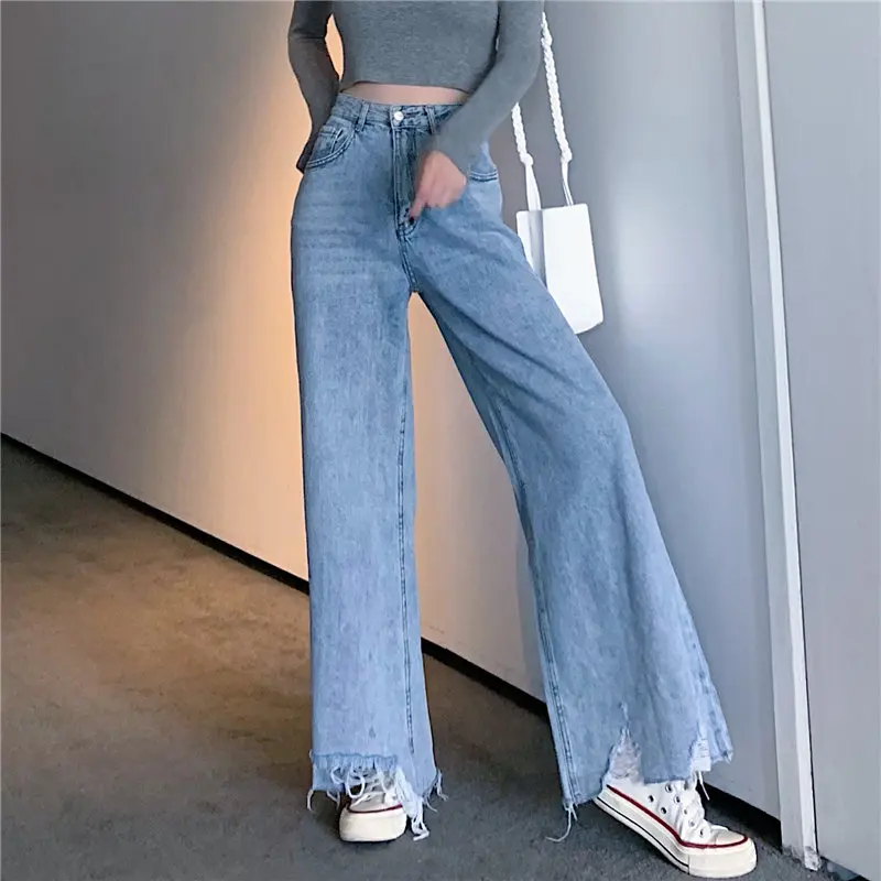 

HziriP 2019 Stylish Irregular Hole Casual Flare Pants Autumn All-Match High Waist Jeans Denim Slender Women Full-Length Trousers