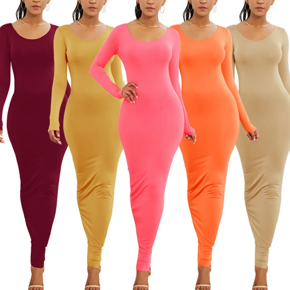 Длинный Стреч Платье Совок Круглый Вырез Простой Одноцветный Сплошной Цвет