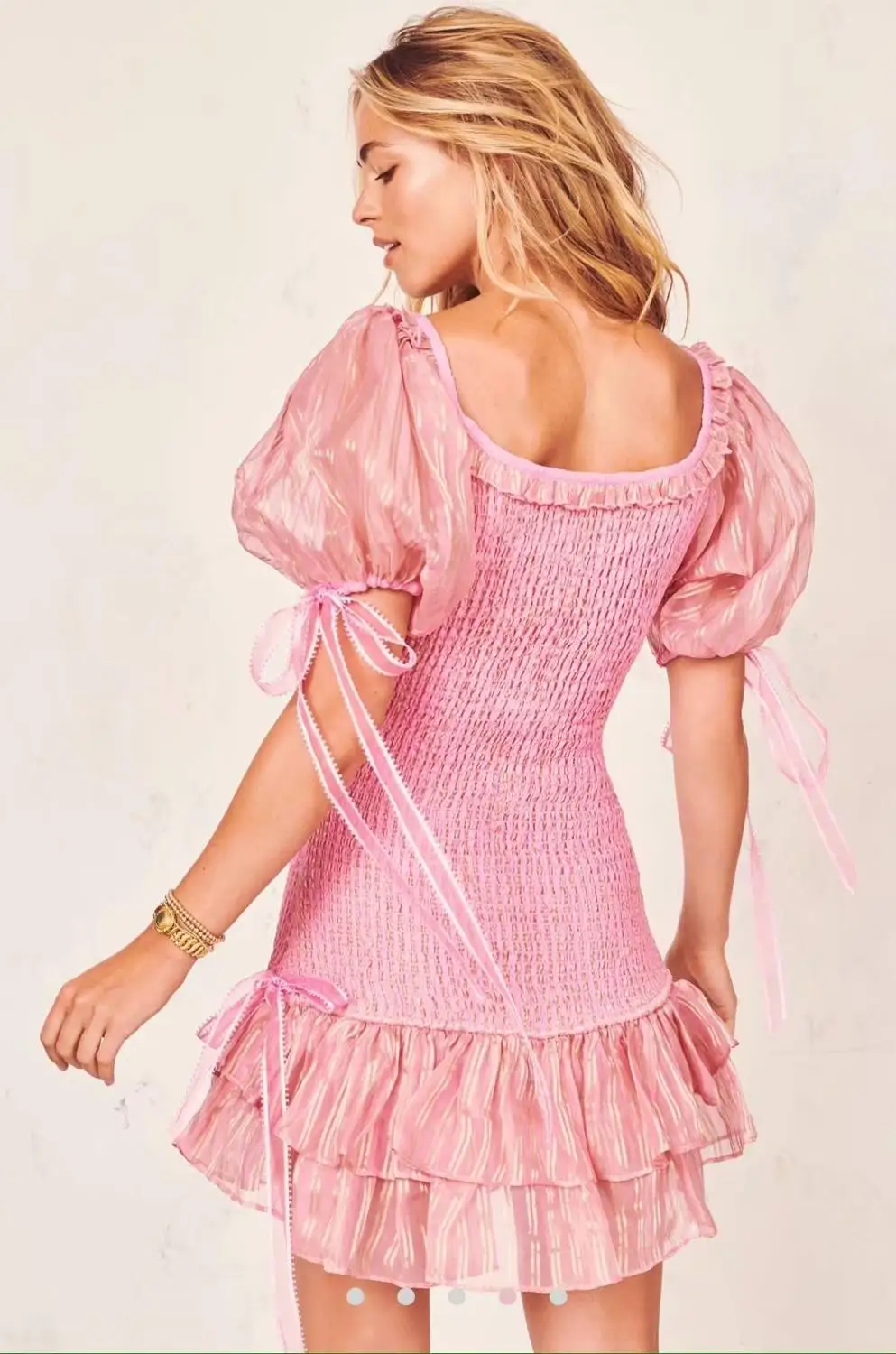 Linjiashop Loveshackfancy autumn pink dress short sleeve vintage slim special chiffon ruffles mini dress dropshipping