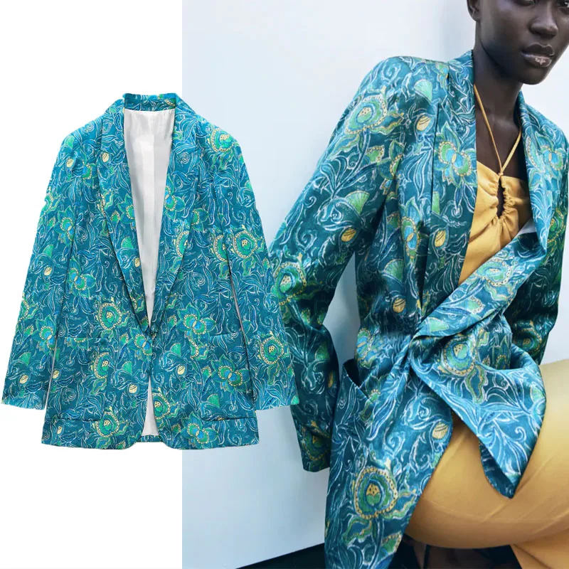 

2022 Woman Blue Floral Print Blazer Long Sleeve Shoulder Pads Office Lady Blazers Outerwear Female Vintage Loose Autumn Coat