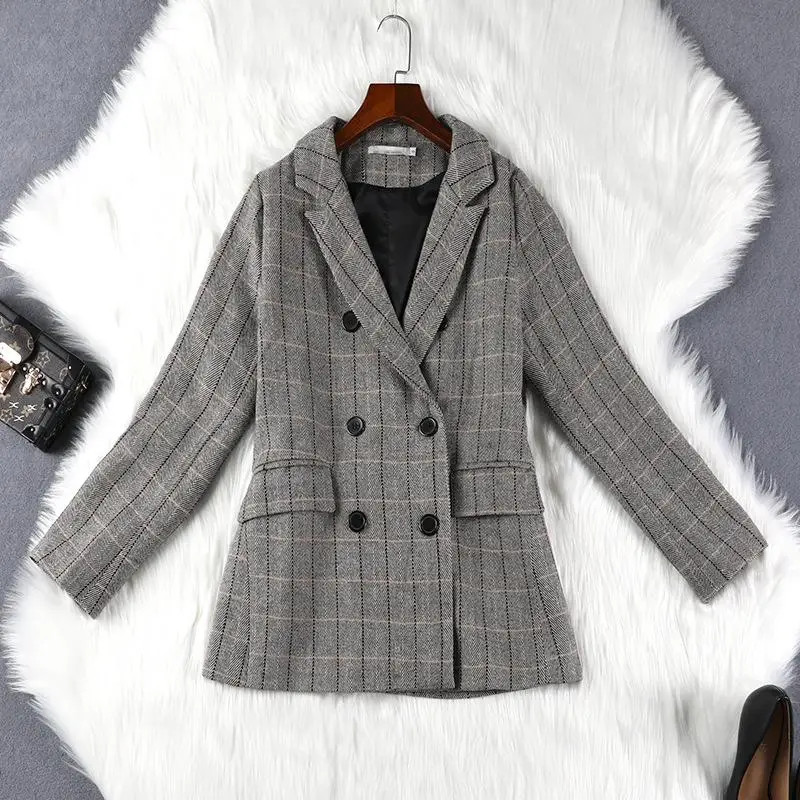 

Women's suit jacket 2019 autumn new Slim large size check double-breasted suit ladies jacket casual Plus Size women's clothing