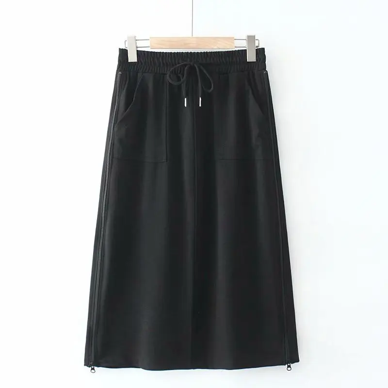 

Plus size Mid-length knitted cotton Women's skirts suits 2021 pocket side stripe zipper summer black high wais skirt women