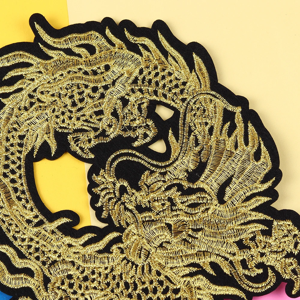 Золотая вышивка нашивки с китайским драконом для одежды пришивания наклейки