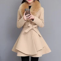 xuxi 2021 autumn winter woolen coat women fur collar lacing streetwear draw back coat e4371