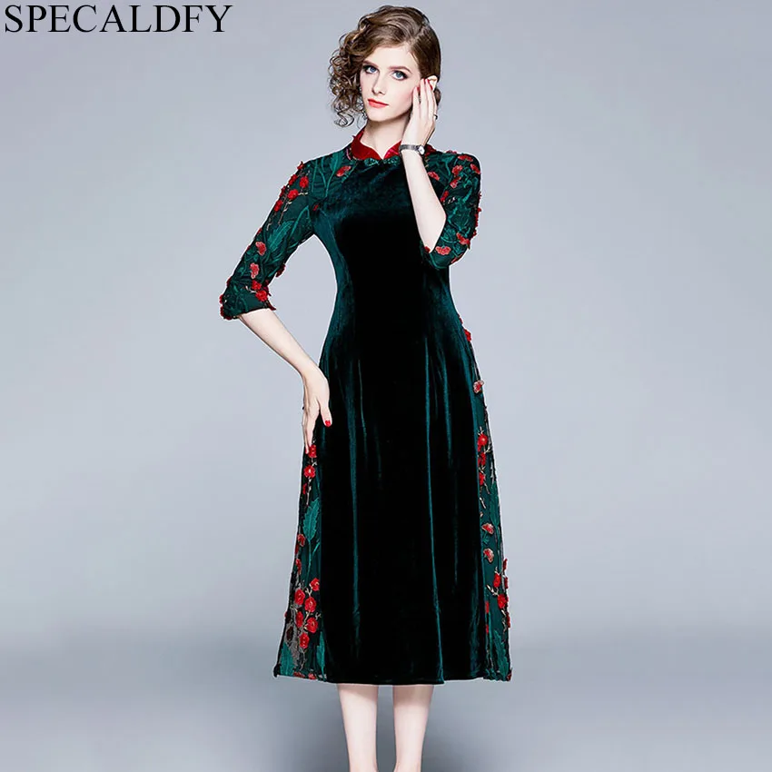 Китайский Стиль цветочной вышивкой платье для женщин 3/4 рукавом винтажное