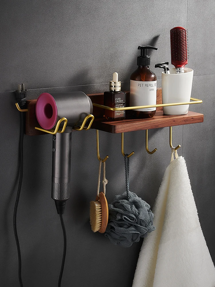 

Hotel Bathroom Storage Shelf with Hooks Dryer Holder Wooden Retro