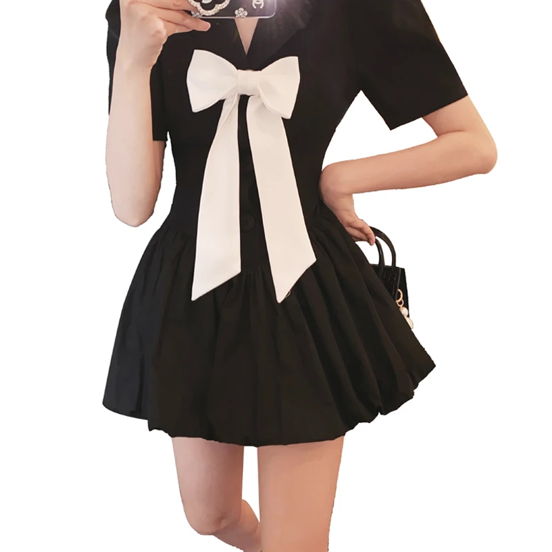 

Women's clothing 2021 summer new hot style small fragrance fashion decorative bow fluffy skirt simple casual short-sleeved dress