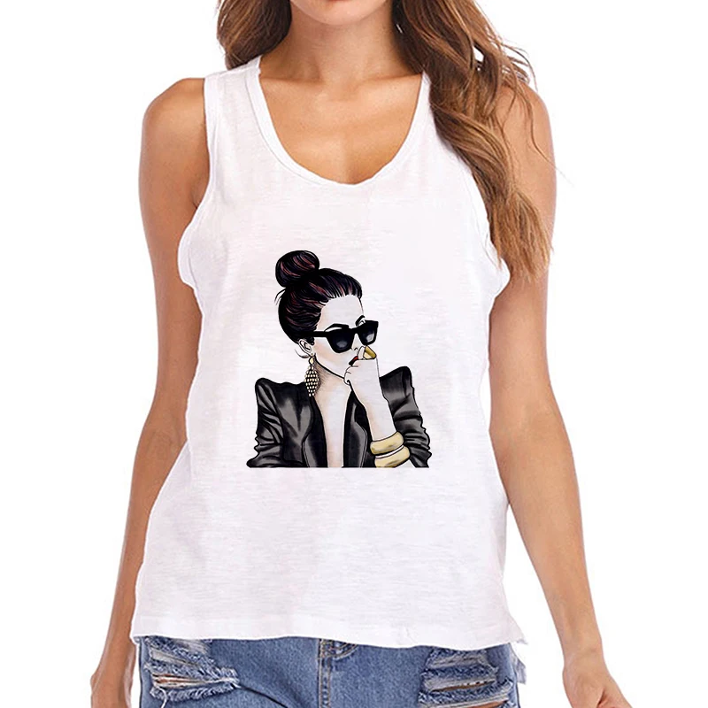 

Солнцезащитные очки с принтом красивой девушки, модные повседневные майки, женская футболка без рукавов, сексуальные летние женские топы, ж...