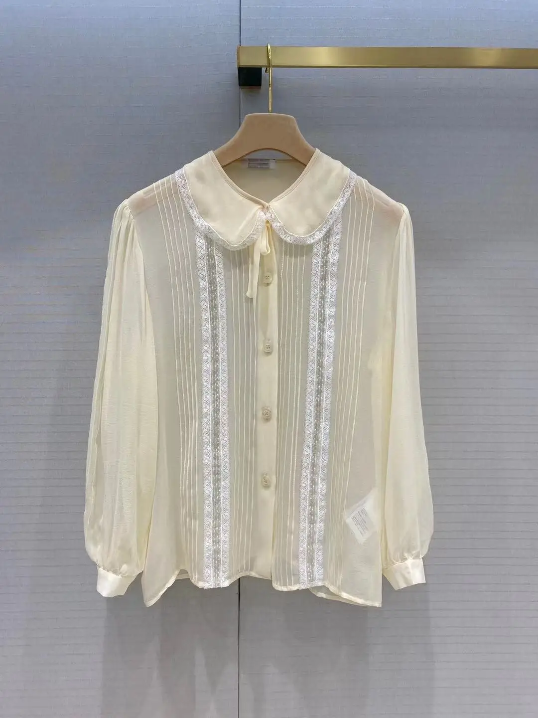 

2021 Runway Fashion Summer Silk Blouse Shirt Women's Elegant Peter pan Collar Long Sleeves Single Breasted Lace Blouses Tops