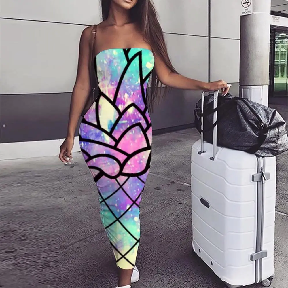 

KYKU Pineapple Dress Women Colorful 3d Print Rainbow sleeveless Fruit Bodycon Dress Womens Clothing Casual Ladies Cool