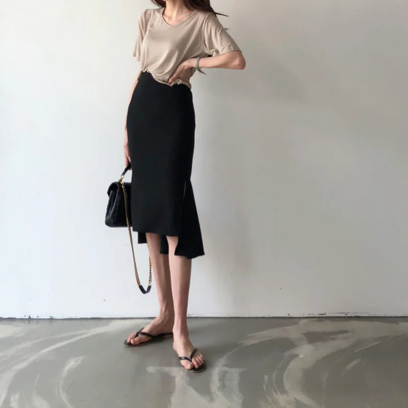 

Simple Office Ladies Woman Skirts Solid High Waist A Line Split Black Skirt Bodycon Sexy Mid-calf Korean Chic Femme Faldas Moda