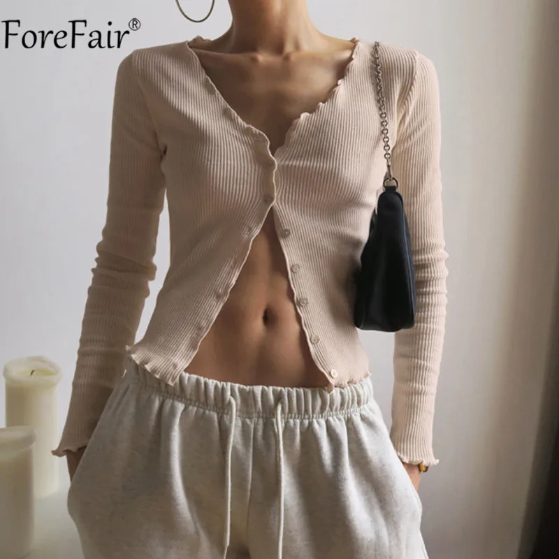 

Женские однобортные футболки с v-образным вырезом и длинным рукавом Forefair, однотонные модные повседневные футболки в уличном стиле на осень