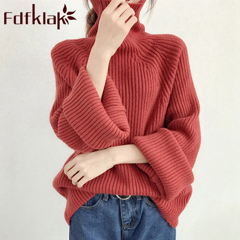 Fdfklak Thick Sweater Women Knitted Ribbed Pullover Sweater Autumn Long Sleeve Turtleneck Loose Jumper Soft Warm Pull Femme