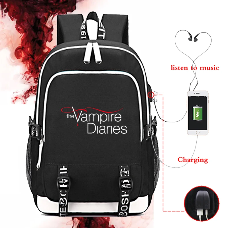 

Дневники вампира, рюкзаки с USB-зарядкой для мальчиков и девочек, подростковые многофункциональные мужские и женские, для мальчиков и девоче...