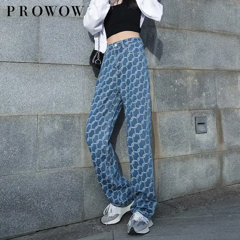 

Prowow Fall Spice Jacquard Jeans Female 2021 Tall Waist Drape Show Thin Straight Loose Wide-legged Pants Of Mop The Floor
