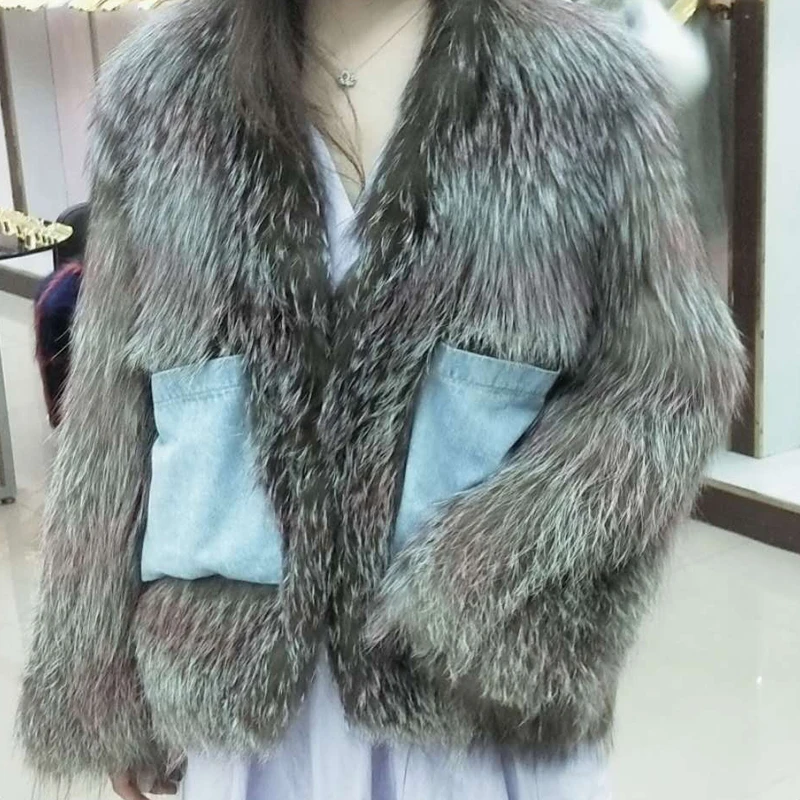 2022 New style personality Real Silver Fox Fur Coat Women fox Fur Coat Female Knitted Genuine Fur Overcoat For Ladies Luxury