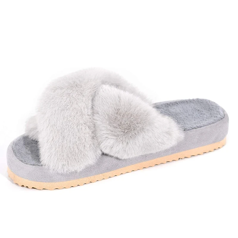 

Winter Cross Band 3cm Heel Fur Slippers For Women Soft Plush Furry Indoor Ladies Platform Shoes Open Toe Fluffy House Slippers