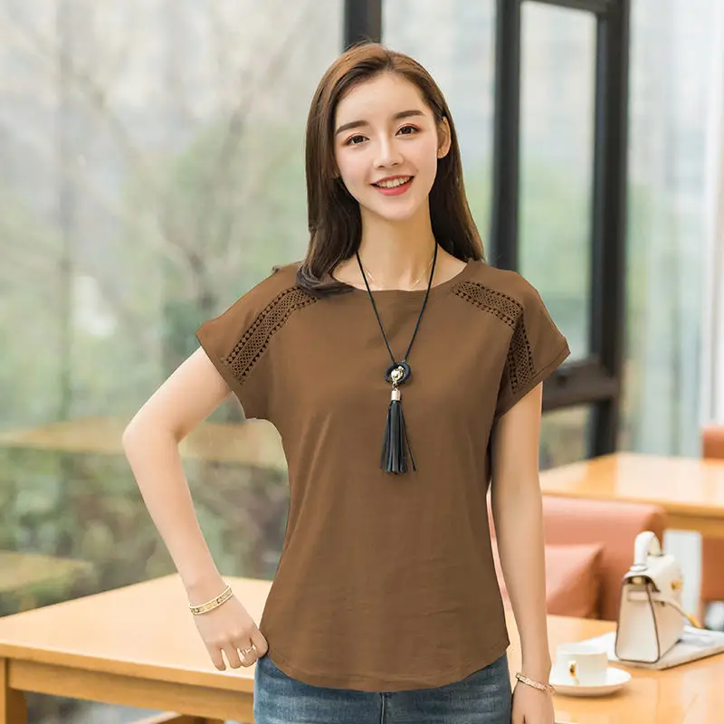 Женская летняя хлопковая футболка открытая кружевная модная 5XL Новинка 2021 топы с