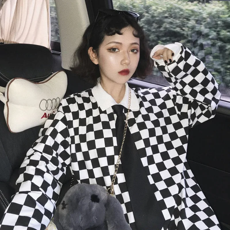 

Harajuku Checkerboard Hoodies Women Autumn Hoodies Cotton Vintage Loose Lapel Double Button Pullover College Hoodies Female