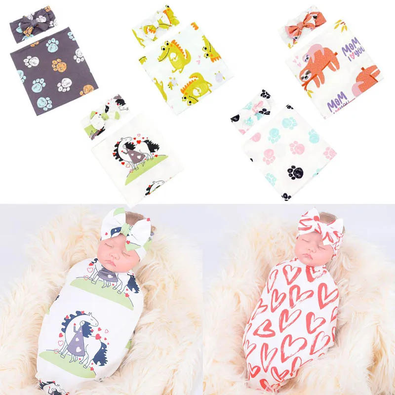 

2Pcs Newborn Receiving Blanket Headband Set Cartoon Animal Baby Cotton Swaddle Wrap Hairband Kit Toddler Infant Supplies