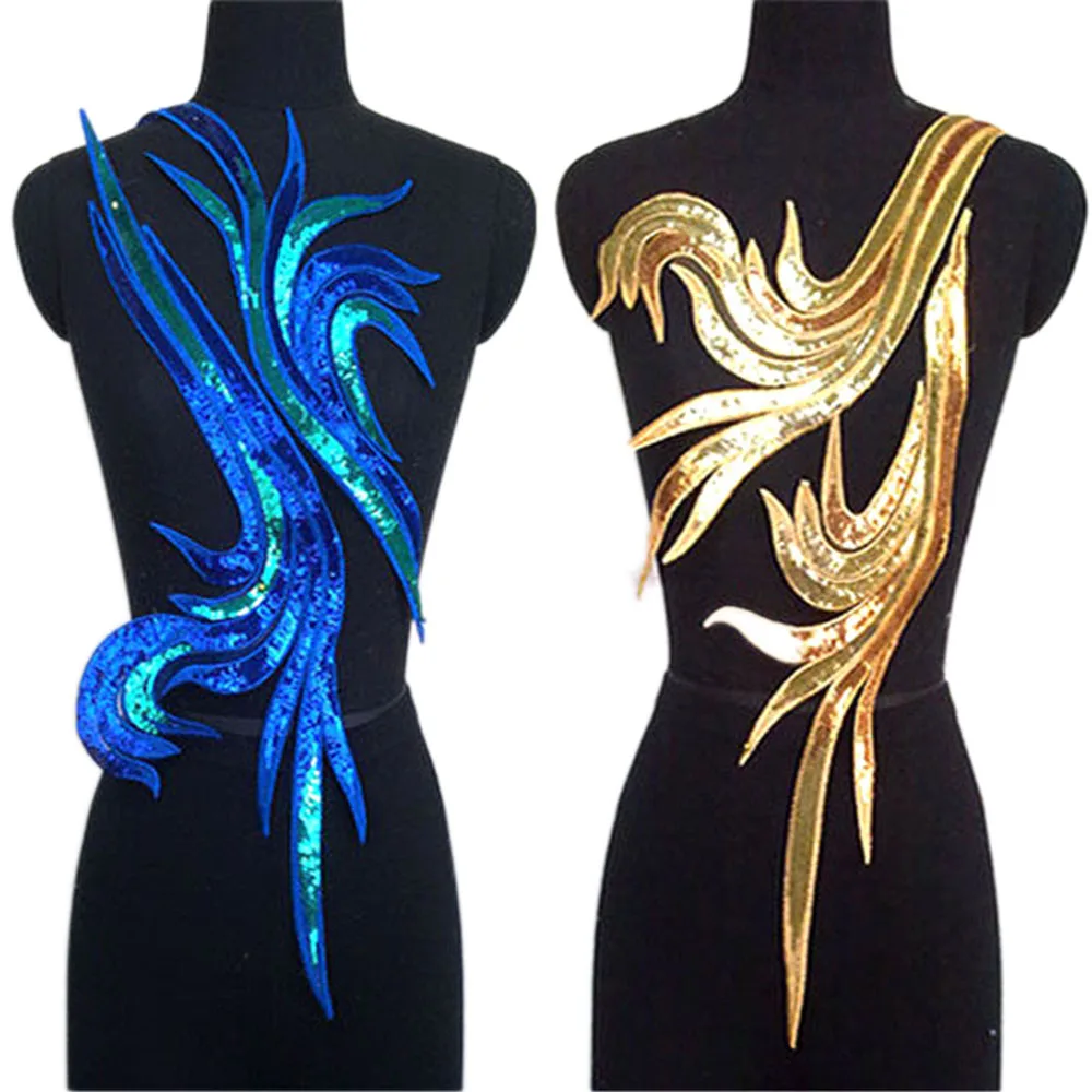 

Flower Gold Blue Sequins Sew on Patches Embroidered Prom Clothes Patch Decoration Accessories For Wedding Dress Clothes