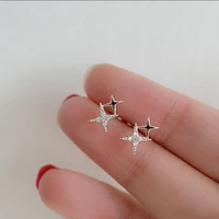 silver plated japanese miniature inlaid crystal four corner star stud earrings anti allergy womens cute party jewelry