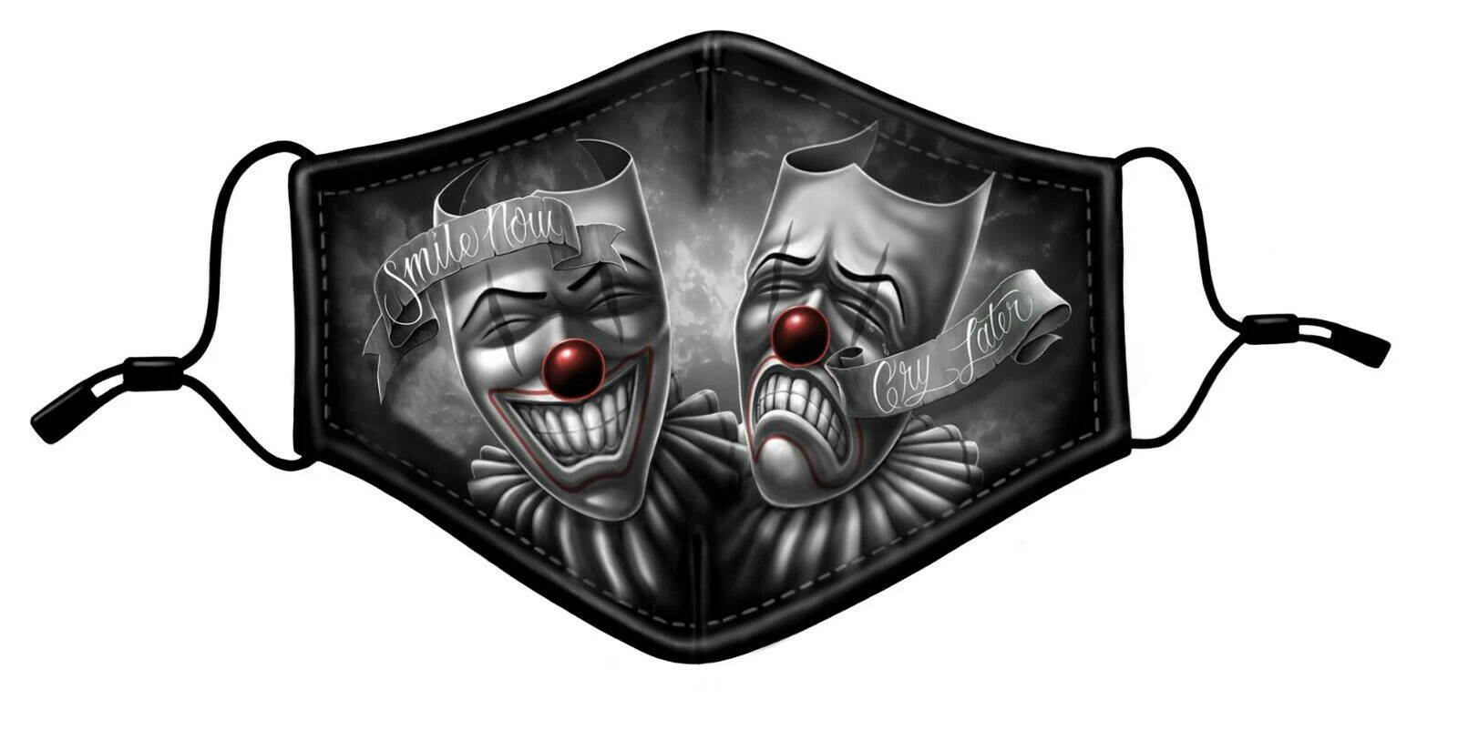 

Funny Smile Now Cry Later Drama Faces Printed Rockabilly Mouth Covering Washable Reusable Fabric Face Mask with Filter