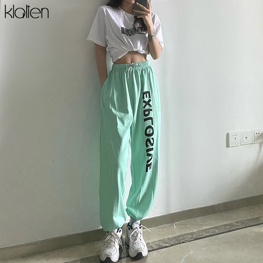 

KLALIEN fashion casual sports style letter high waist loose cotton pant women summer autumn simple solid street trousers ladies