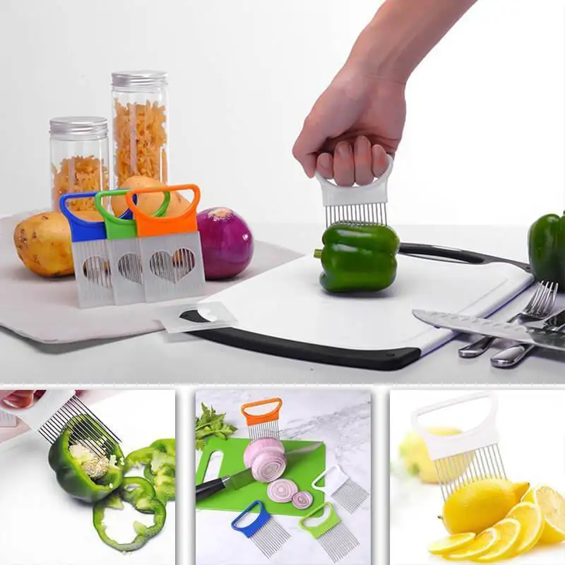 Food Slice Assistant Vegetable Holder Stainless Steel Onion Cutter Fork Fruit Vegetables Slicer Tomato Knife | Дом и сад