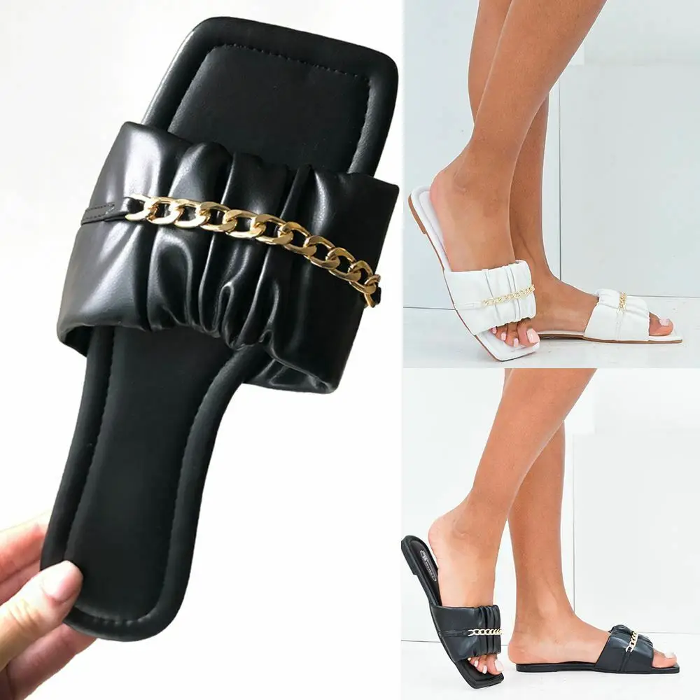 

New Women Slippers Causal Ladies Square Toe Flat Outdoor Slides Fashion Metal Decoration Female Shoes Open Toe Beach Woman Shoes