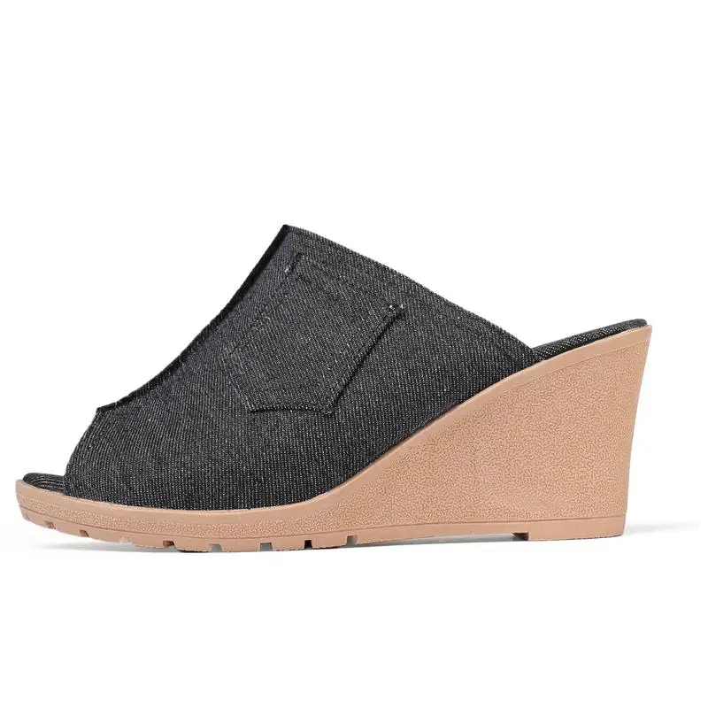 RIZABINA/женские босоножки на танкетке джинсовые шлепанцы с открытым носком Летняя