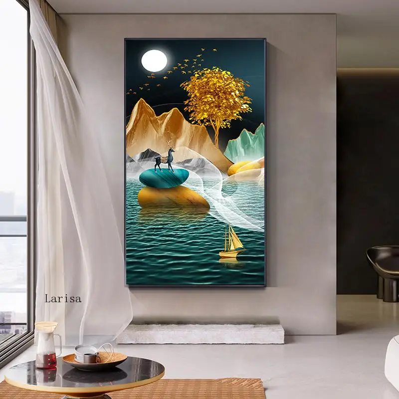 

Modern Abstract Landscape Poster Gold Deer Tree Mural Decoration Canvas Painting Wall Art Pictures for Living Room Home Decor