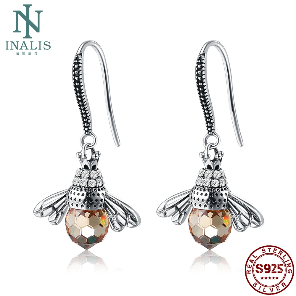 

INALIS Bee Shape 925 Sterling Silver Drop Earrings For Women Cubic Zirconia And Austria Crystal Earring Anniversary Fine Jewelry
